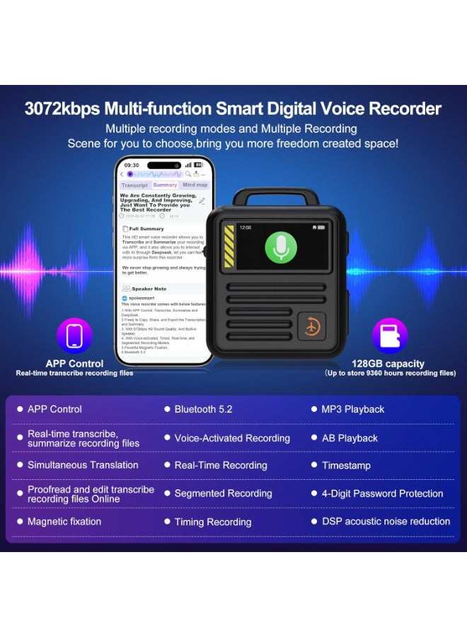 LAESO Angju 128GB Voice Recorder with APP Control, 3072kbps HD Audio Recorder with Transcribe & Summarize, DSP Noise Reduction MP3 Recording Device with Password for Lecture, Meeting(9360 Hours) - Image 3
