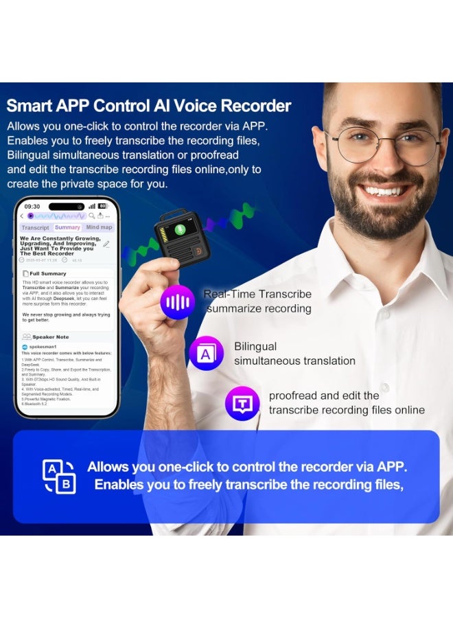 LAESO Angju 128GB Voice Recorder with APP Control, 3072kbps HD Audio Recorder with Transcribe & Summarize, DSP Noise Reduction MP3 Recording Device with Password for Lecture, Meeting(9360 Hours) - Image 2