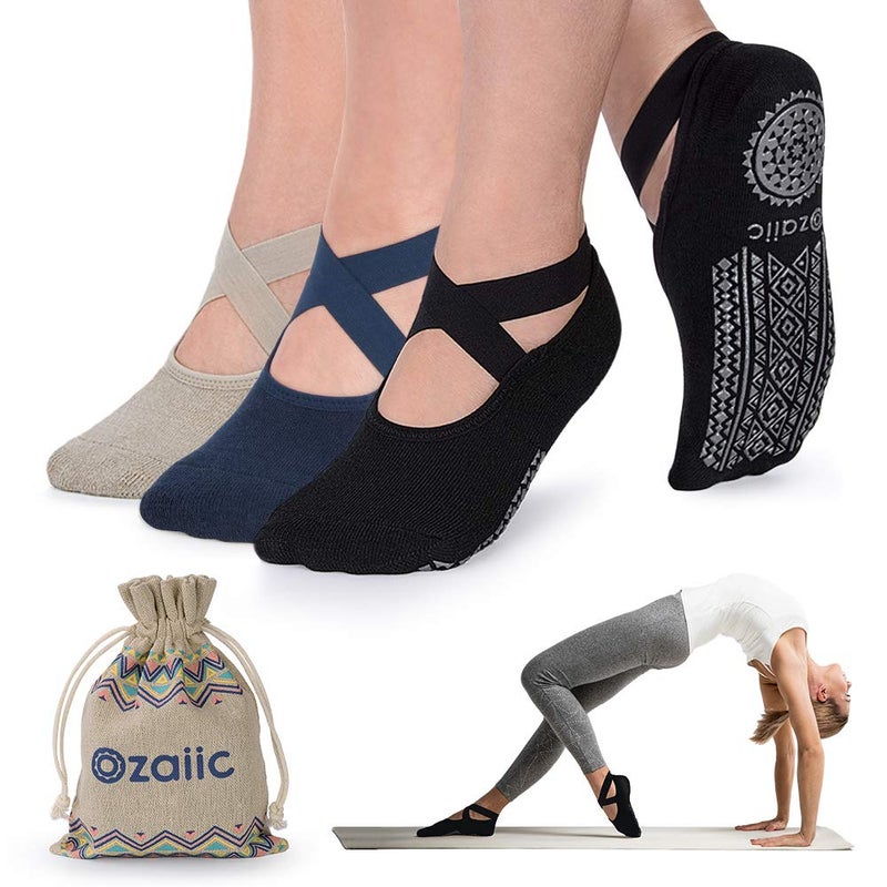 Ozaiic Non Slip Socks for Yoga Pilates Barre Fitness Hospital Socks for Women (3 Pairs - Olive Green/Black/Navy) - Image 1