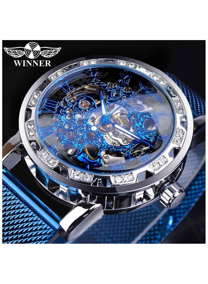 وينر ساعة رجالية ميكانيكية يدوية، كلاسيكية، أنيقة، عصرية، كاجوال، بسوار شبكي مجوف مرصع بأحجار الراين - Image 1