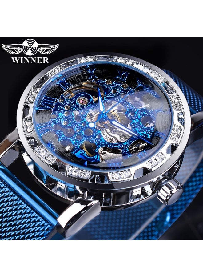 وينر ساعة رجالية ميكانيكية يدوية، كلاسيكية، أنيقة، عصرية، كاجوال، بسوار شبكي مجوف مرصع بأحجار الراين - Image 3