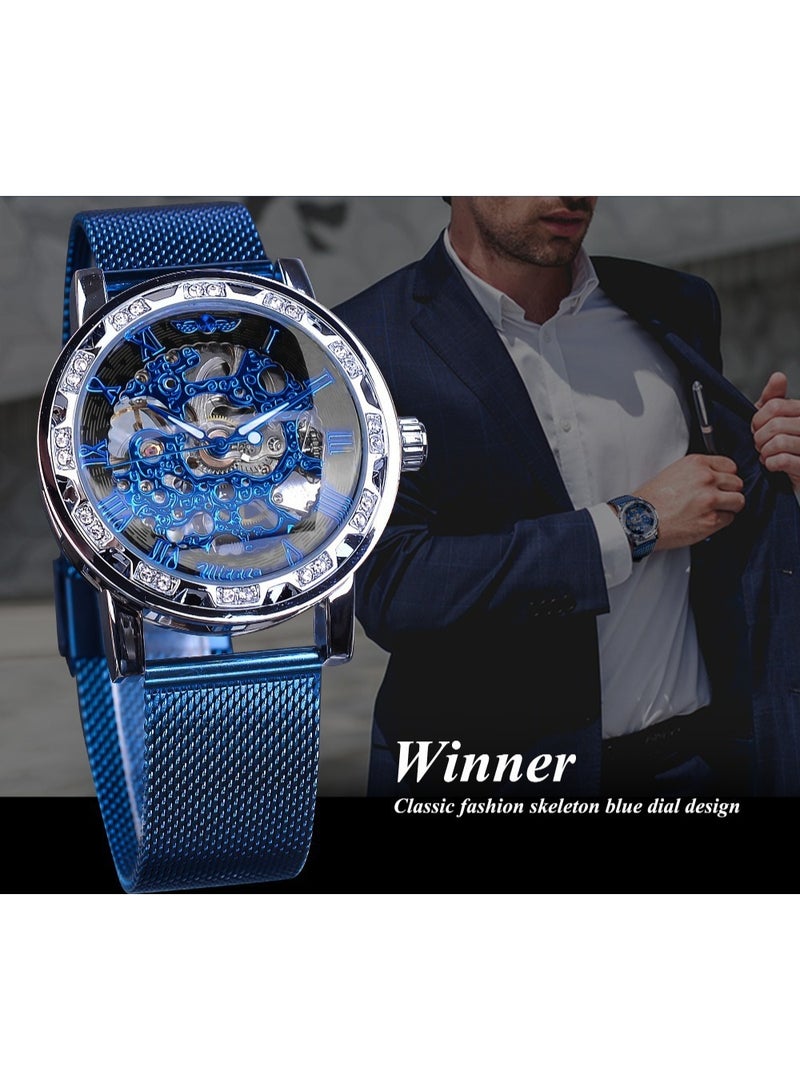 وينر ساعة رجالية ميكانيكية يدوية، كلاسيكية، أنيقة، عصرية، كاجوال، بسوار شبكي مجوف مرصع بأحجار الراين - Image 4