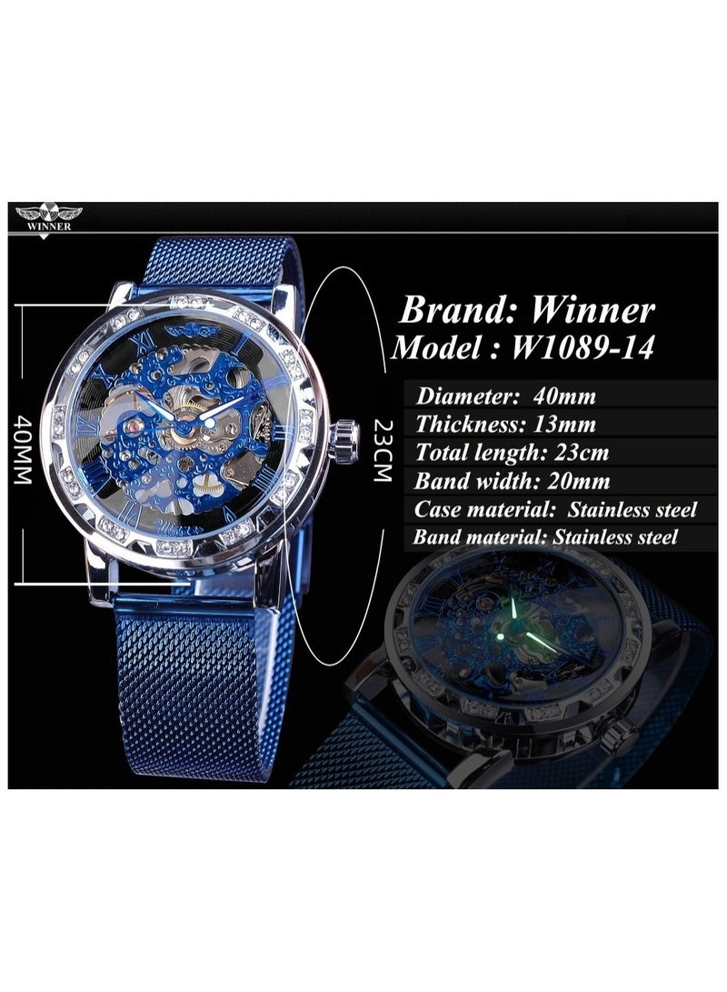 وينر ساعة رجالية ميكانيكية يدوية، كلاسيكية، أنيقة، عصرية، كاجوال، بسوار شبكي مجوف مرصع بأحجار الراين - Image 2