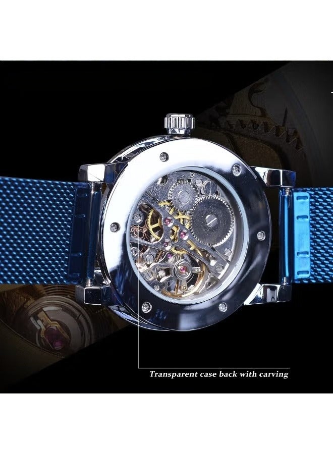 وينر ساعة رجالية ميكانيكية يدوية، كلاسيكية، أنيقة، عصرية، كاجوال، بسوار شبكي مجوف مرصع بأحجار الراين - Image 5