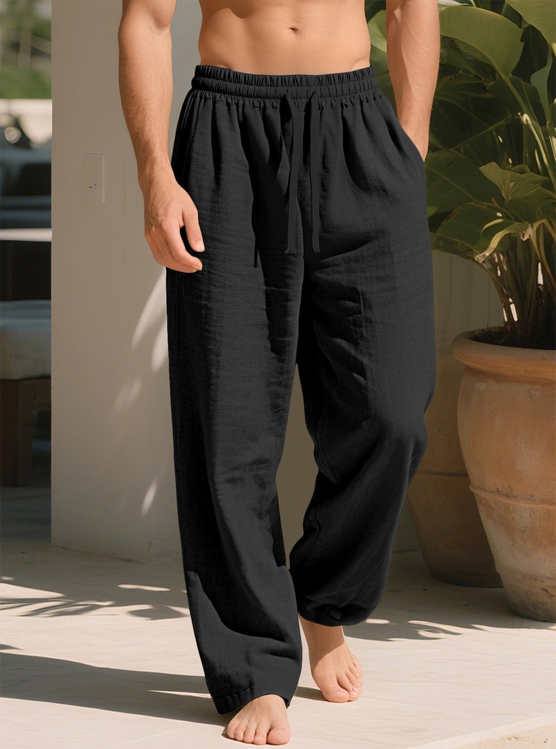 Linen Solid Color Drawstring Loose Straight Casual Large Size Breathable Quick Men's Pants