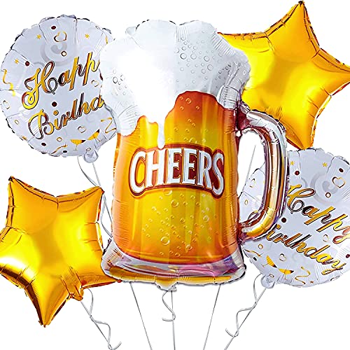 Propsicle Cheers Beer Mug Foil Balloon Set with Gold Star Balloons & Happy Birthday Foil Balloons, Decoration Kit for Adult Birthday Celebration, Bar Theme, Whisky Theme Backdrop - Image 1