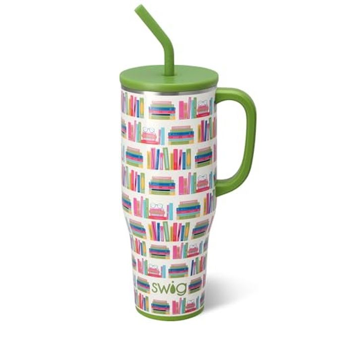 Swig Life 40oz Mega Mug, 40oz Teacher Tumbler with Handle and Straw, Extra Large Insulated Tumblers, Cup Holder Friendly Travel Mug, Teacher Gift (Book Club)