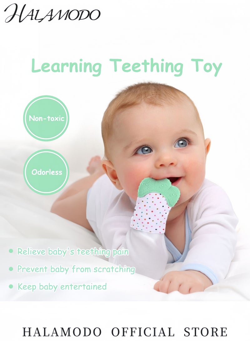 هالامودو قفاز عضاضة أسنان للأطفال من السيليكون قفاز لتخفيف الألم ضد الخدش للأطفال 0-12 شهرا لعبة تخفيف التسنين للرضع مادة سيليكون آمنة وغير سامة مزود بحزام قابل للتعديل - Image 3