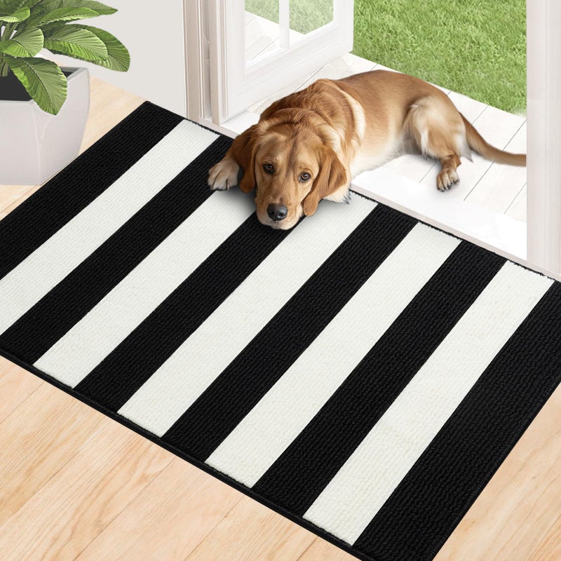 Timo Indoor Door Mat, 24"x36" Non-Slip Absorbent Black and White Striped Outdoor Rug, Resist Dirt Entrance Mat, Sturdy Low-Profile Inside Floor Mats, Washable Front Entry Doormats for Entryway - Image 3
