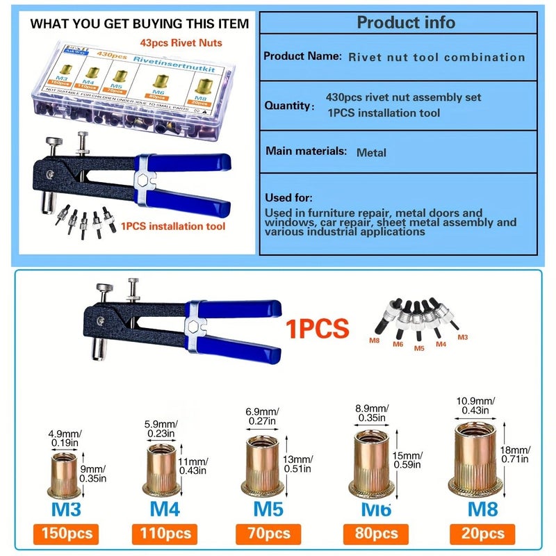 430pcs Carbon Steel Rivet Nut Kit with Installation Tool for Auto Repair - Image 1