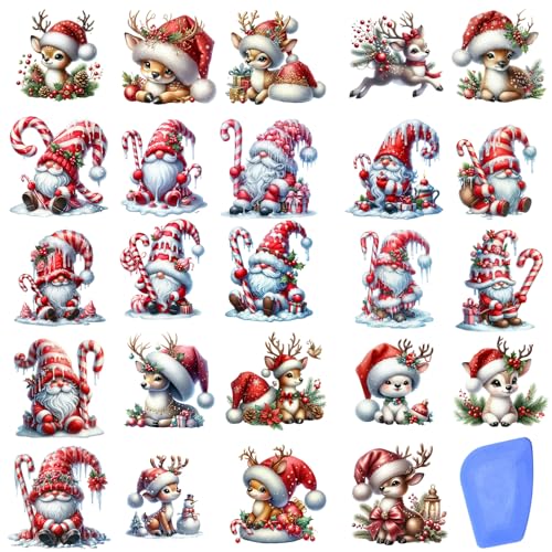ZMRU 24 Sheets Vintage Christmas Rub On Transfers for Crafts, Rub On Transfers Christmas for Wood，Furniture Decals, Glass, Porcelain, Leather, Canvas, Fabric Projects,3 * 3inch(Gnome Reindeer) - Image 1