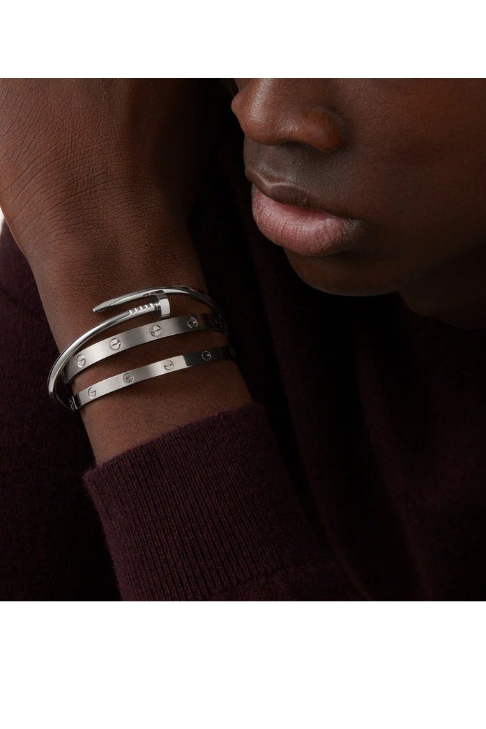 Luxuria Fashion 316L Stainless Steel 18K White Gold Plated Open Style Nail Design Bracelet, Fashion Bracelet Gift for Elegant Women - Image 5