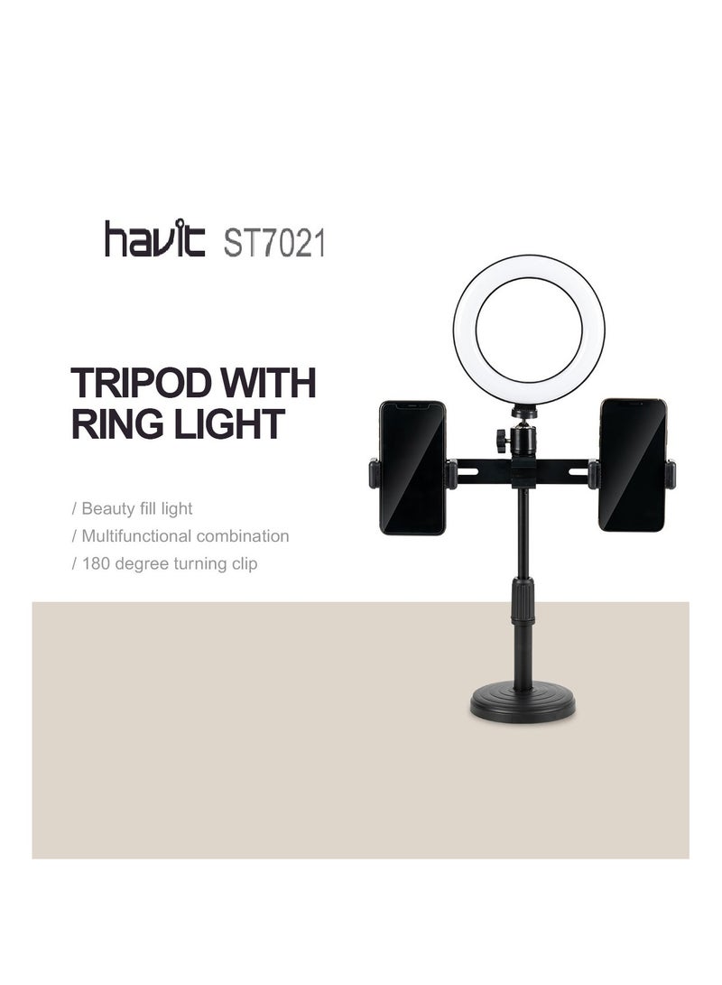 Havit ST7021 Dual Phone Tripod Stand with 5-Inch LED Ring Light, 3 Light Modes, 180-Degree Rotating Clip, Black - Image 2