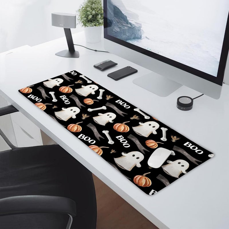 aportt Black White Halloween Gaming Mouse Pad XL Cute Ghost Fall Pumpkin Extended Spooky Large Mat Mousepad Desk Pad Non-Slip Rubber Base Stitched Edge Long Keyboard Pad for Computer,31.5×11.8 Inch - Image 5