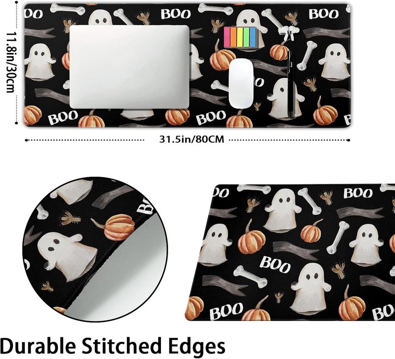 aportt Black White Halloween Gaming Mouse Pad XL Cute Ghost Fall Pumpkin Extended Spooky Large Mat Mousepad Desk Pad Non-Slip Rubber Base Stitched Edge Long Keyboard Pad for Computer,31.5×11.8 Inch - Image 2