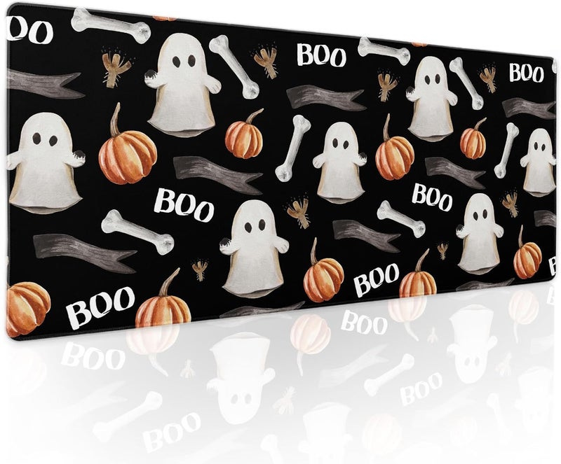 aportt Black White Halloween Gaming Mouse Pad XL Cute Ghost Fall Pumpkin Extended Spooky Large Mat Mousepad Desk Pad Non-Slip Rubber Base Stitched Edge Long Keyboard Pad for Computer,31.5×11.8 Inch - Image 1
