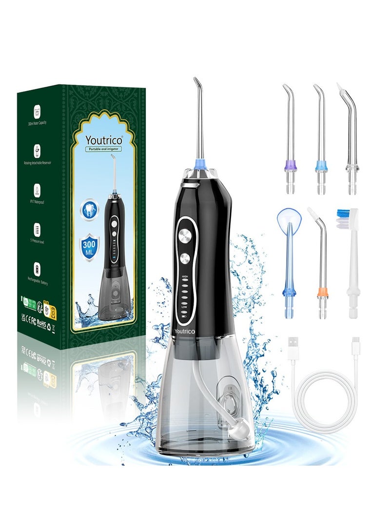 Youtrico Water Dental Flosser Teeth Pick -Portable Oral Irrigator with 5 Modes, Rechargeable IPX7 Waterproof Orthodontic Teeth Cleaner Pick Cordless for Home Travel-300ml Water Tank（Black） - Image 1