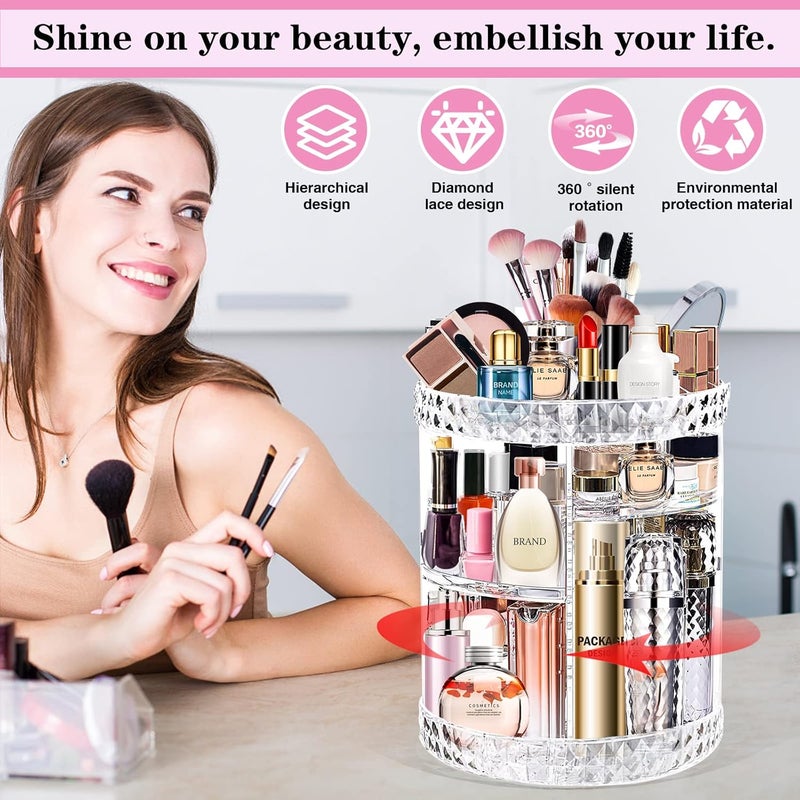 منظم مكياج دوار 360 درجة ، حامل مستحضرات تجميل دوار لامع قابل للتعديل من 6 طبقات، صندوق عرض للمكياج والفرش وأحمر الشفاه على سطح الطاولة للحمام (نمط مطور) - Image 2