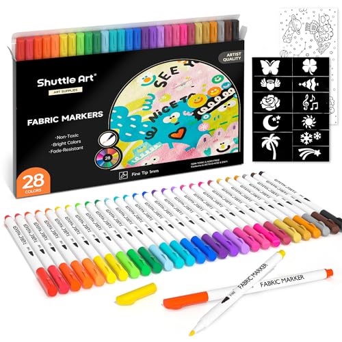 Shuttle Art 28 Colors Fabric Markers, Permanent Markers for T-Shirts Clothes Sneakers Jeans with 11 Stencils 1 Sheet, Shirt Pens for Adult DIY Painting Writing - Image 1