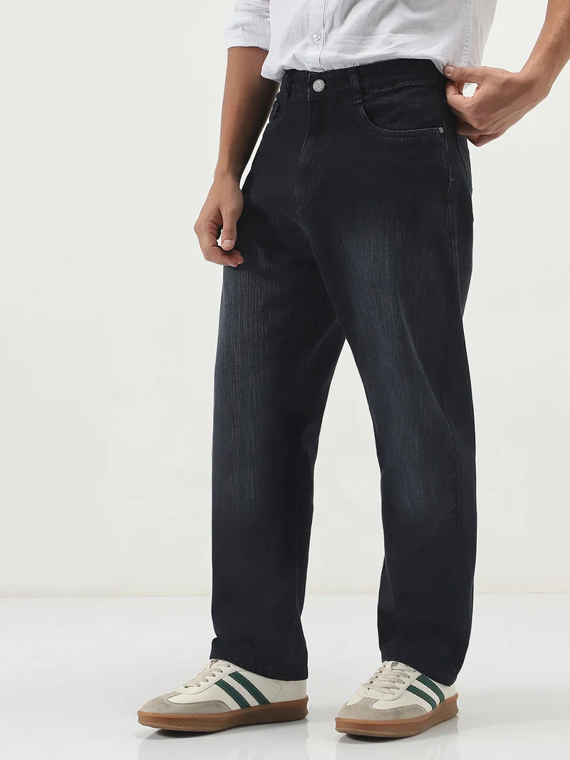 أوربانو فاشن Urbano Fashion Men's Black Loose Baggy Fit Washed Denim Jeans Non-Stretchable