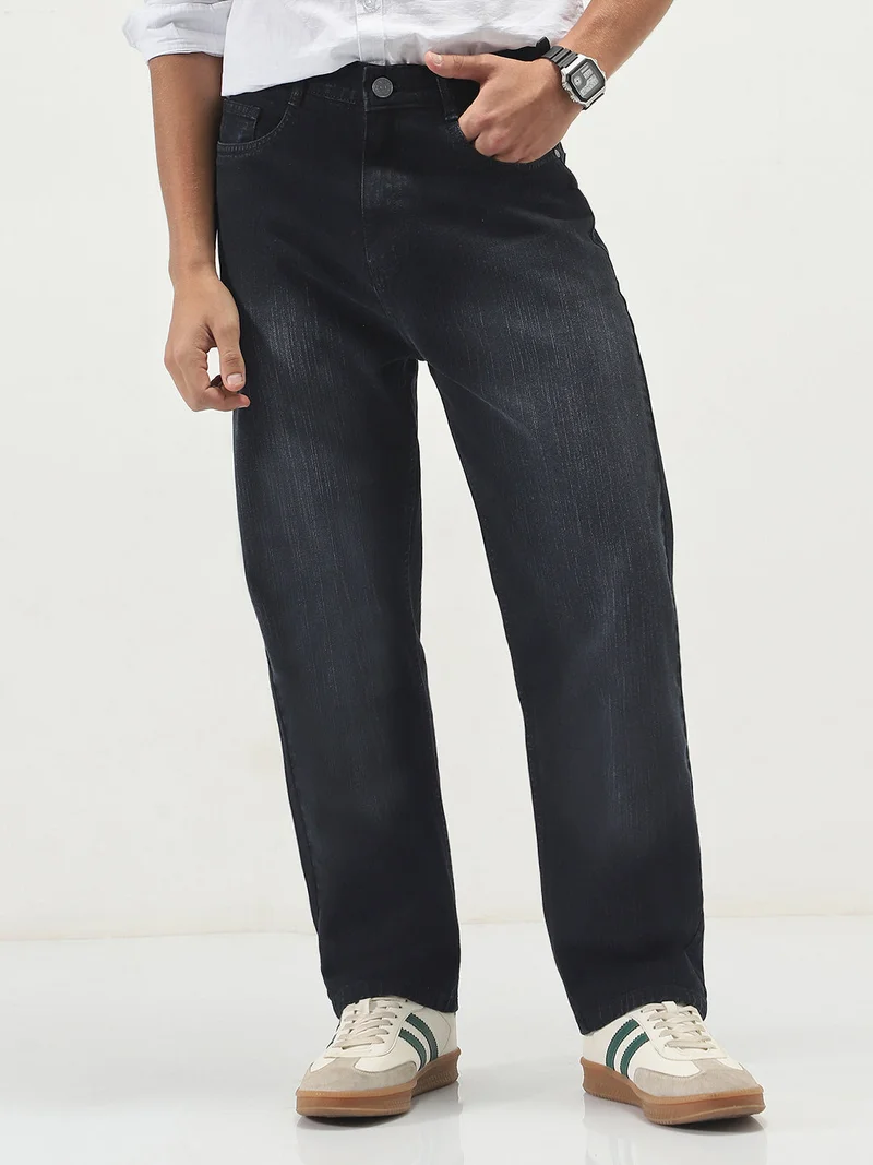 أوربانو فاشن Urbano Fashion Men's Black Loose Baggy Fit Washed Denim Jeans Non-Stretchable