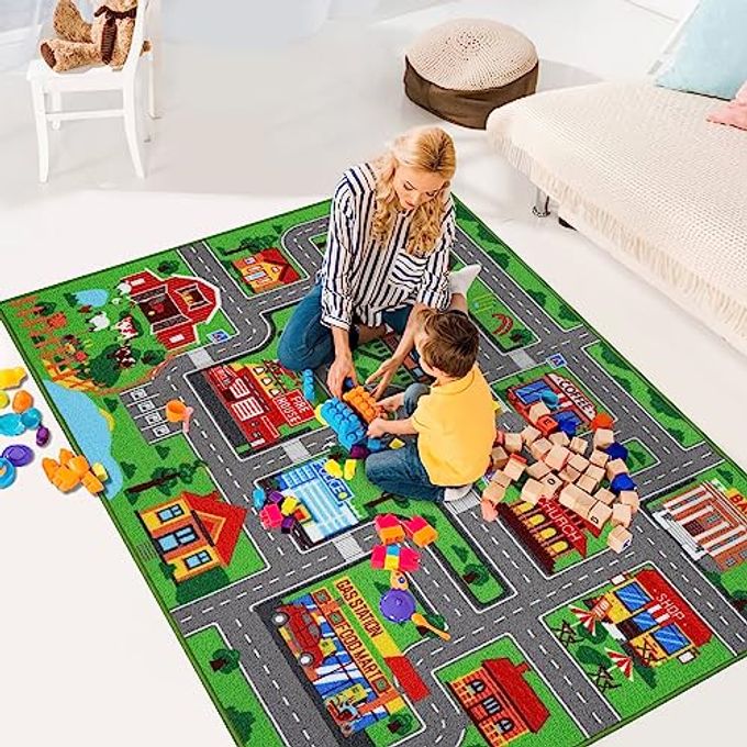 AKASISRUG Kids Carpet Playmat Rug 78.7"x59", Car Rug for Kids Cars, Non-Slip Town City Road Map Kids Rug for Playroom Bedroom Boys, Kids Cars Road Rugs, Track Carpets (78.7X59Inch,Green) - Image 3