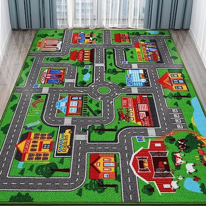 AKASISRUG Kids Carpet Playmat Rug 78.7"x59", Car Rug for Kids Cars, Non-Slip Town City Road Map Kids Rug for Playroom Bedroom Boys, Kids Cars Road Rugs, Track Carpets (78.7X59Inch,Green) - Image 1