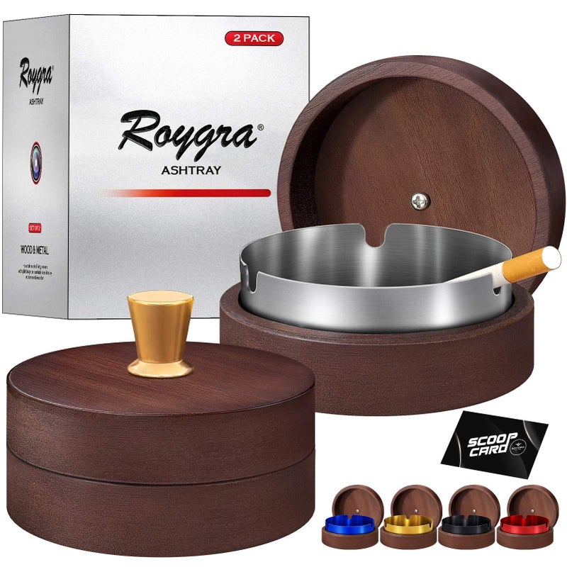 roygra Wooden Ash Tray with Lid (2 Pack), Outdoor Ashtray for Outside Patio, Smokeless Ashtrays for Cigarettes with 3 Holder, Smoking Accessories, Home DÃ©cor, Ashtrays for Smokers Indoor - Silver - Image 1