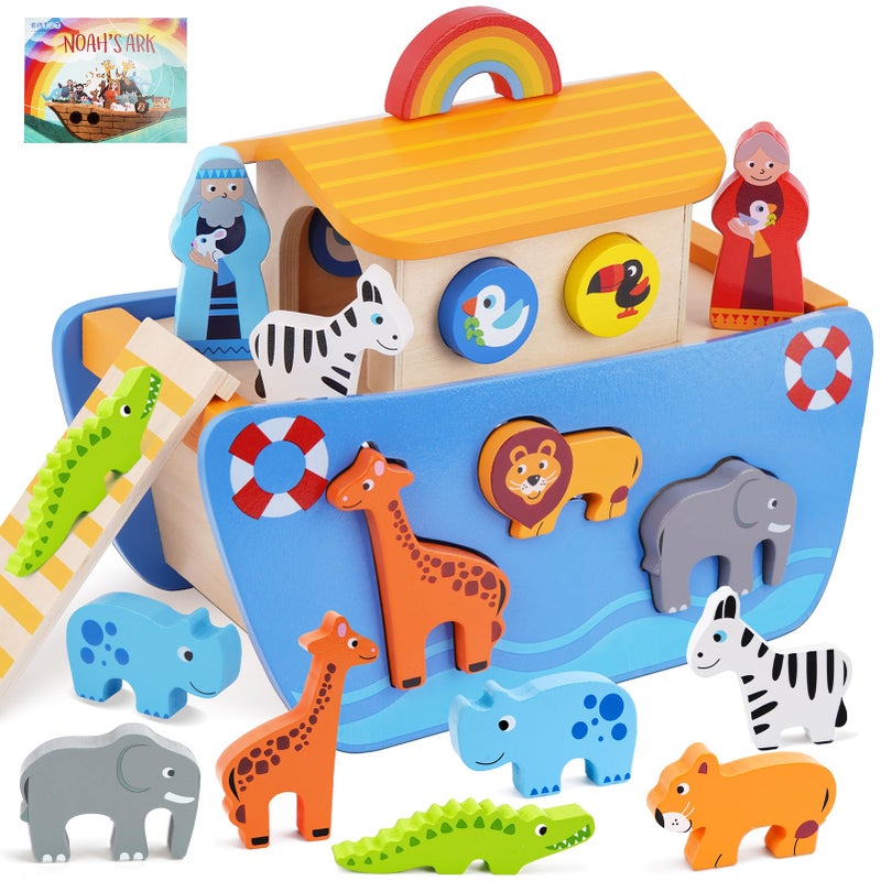 KMTJT Toddlers Wooden Noahs Ark Toy Animal Playset Baptism Gifts for 1 2 3 Boys Girls Shape Sorter Early Learning Montessori Toys with Bible Story Book for 12 18 24 Months Babies - Image 3