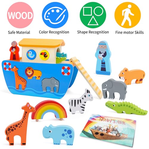 KMTJT Toddlers Wooden Noahs Ark Toy Animal Playset Baptism Gifts for 1 2 3 Boys Girls Shape Sorter Early Learning Montessori Toys with Bible Story Book for 12 18 24 Months Babies - Image 5