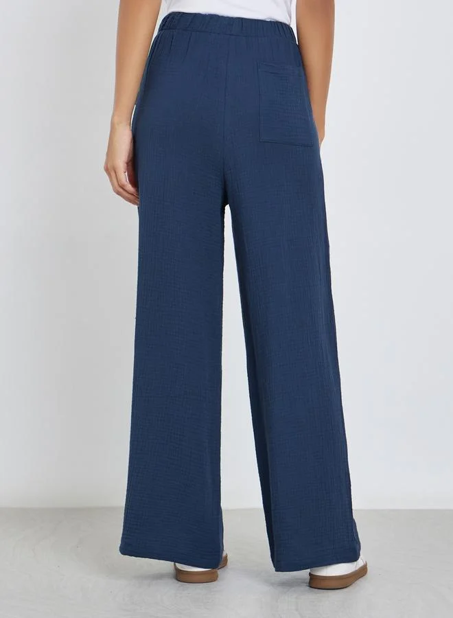 Styli Styli Women Navy Blue Double Gauze Wide Leg Pants