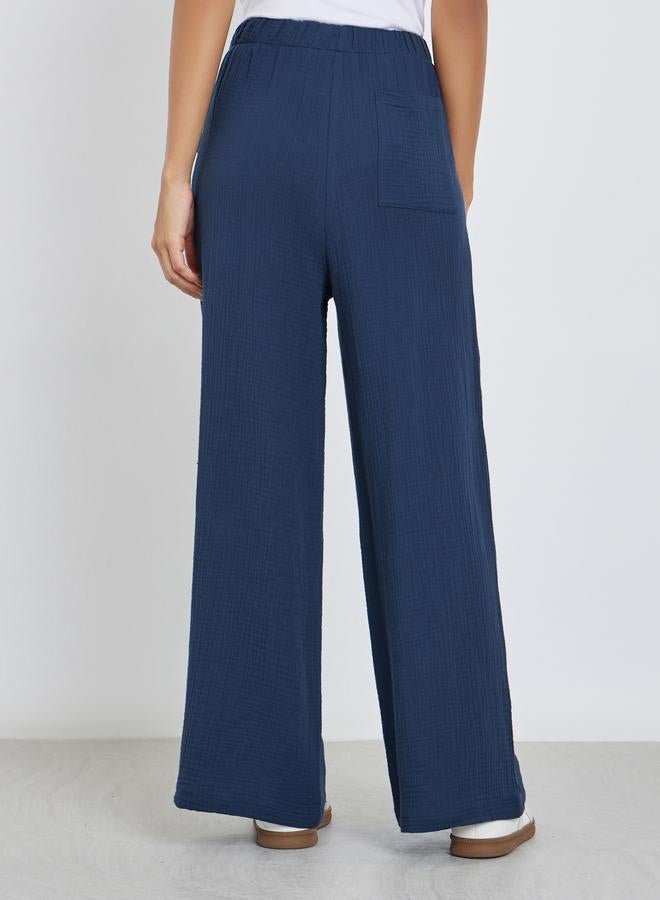 Styli Women Navy Blue Double Gauze Wide Leg Pants - Image 4