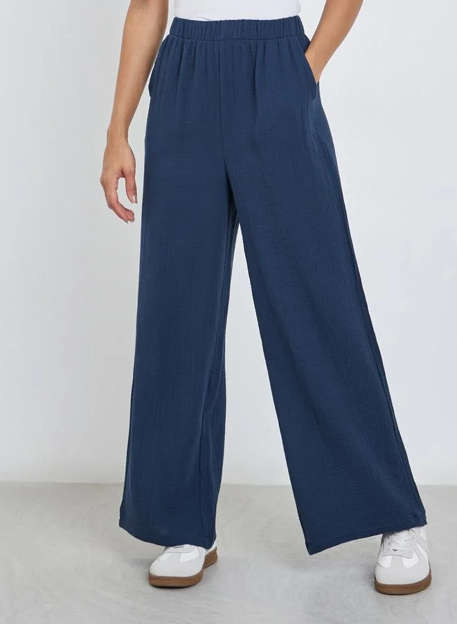 Styli Styli Women Navy Blue Double Gauze Wide Leg Pants