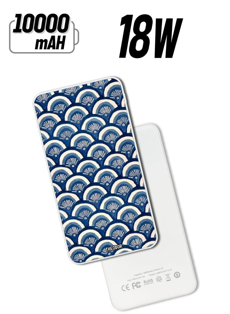 Theodor 10,000 mAh Super Fast Charging Ultra Compact Power Bank with Quick Charge & Power Delivery, Portable Charger For iPhone and Android Blue Floral Patterns - Image 1