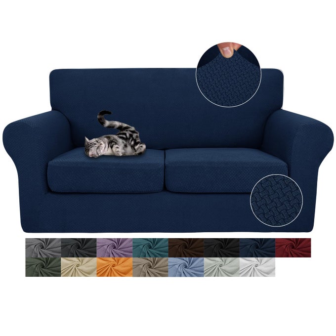 3 PIECES STRETCH COUCH COVERS FOR 2 CUSHION COUCH FITTED THICK LOVESEAT SOFA SLIPCOVER WITH 2 SEAT CUSHION COVERS FOR LIVING ROOM PET DOGS LOVESEAT NAVY BLUE