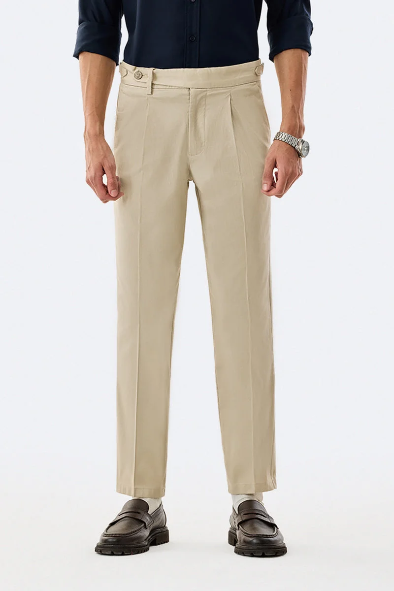 SNITCH Beige Solid Relaxed Casual Trousers