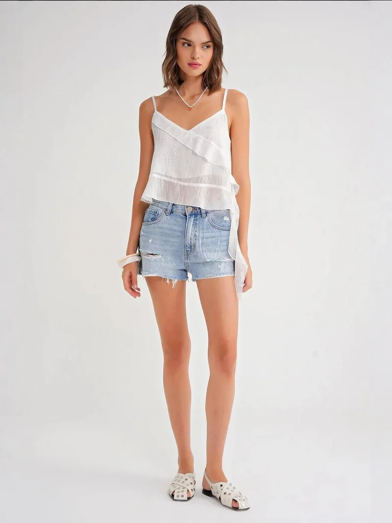 MixRay Mixray Frilly Textured V-Neck Crop Top