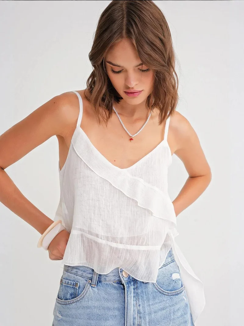 MixRay White Mixray Frilly Textured V-Neck Crop Top for Women | Best Price UAE