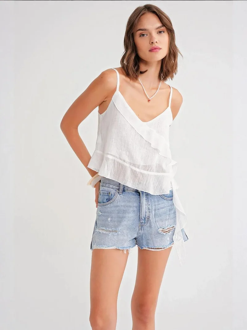 MixRay White Mixray Frilly Textured V-Neck Crop Top for Women | Best Price UAE
