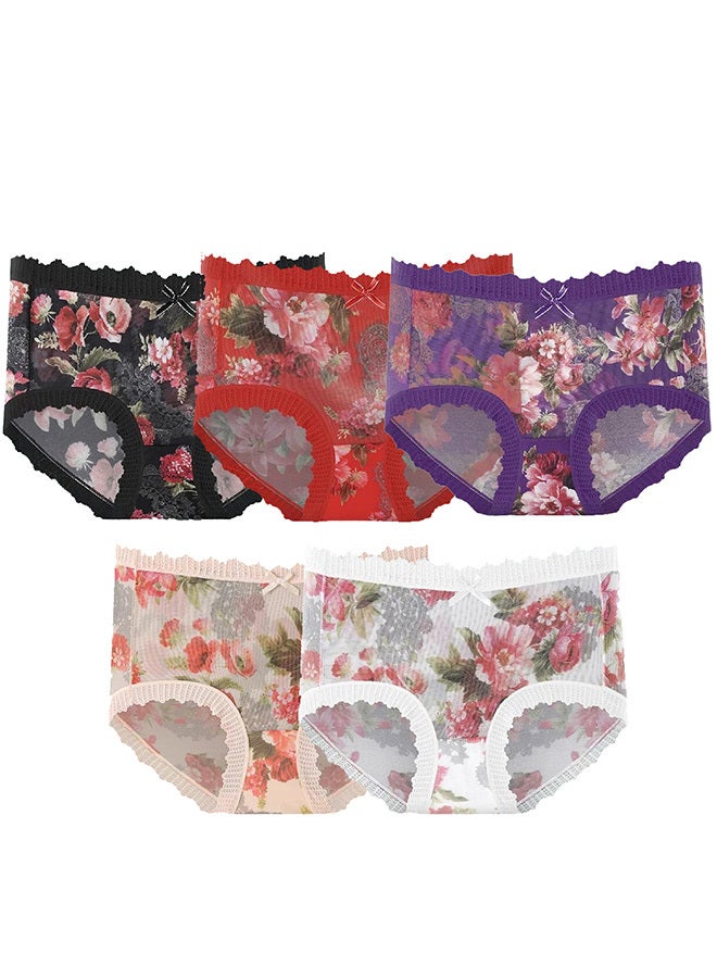 5 عبوات من ملابس داخلية نسائية كبيرة الحجم رقيقة للغاية من الدانتيل من الحرير الجليدي بخصر متوسط ملابس داخلية نسائية عصرية بطباعة زهور بدون seams - Image 2