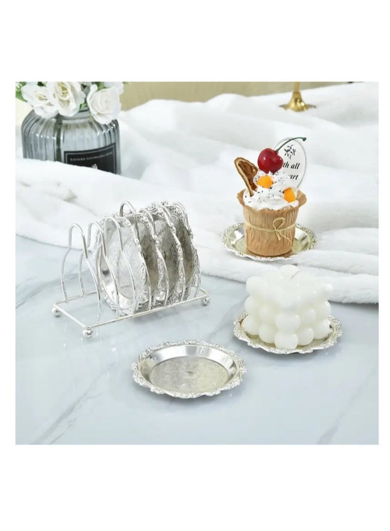 NOVOLAN Snack Plate Set Dessert Plate Dried Fruit Plate Tasting Plate Cup Cake Plate Display Stand, Elegant Silver Plating, Sturdy & Durable Easy Storage, Contains 6 Plates & 1 Storage Rack (silver) - Image 2