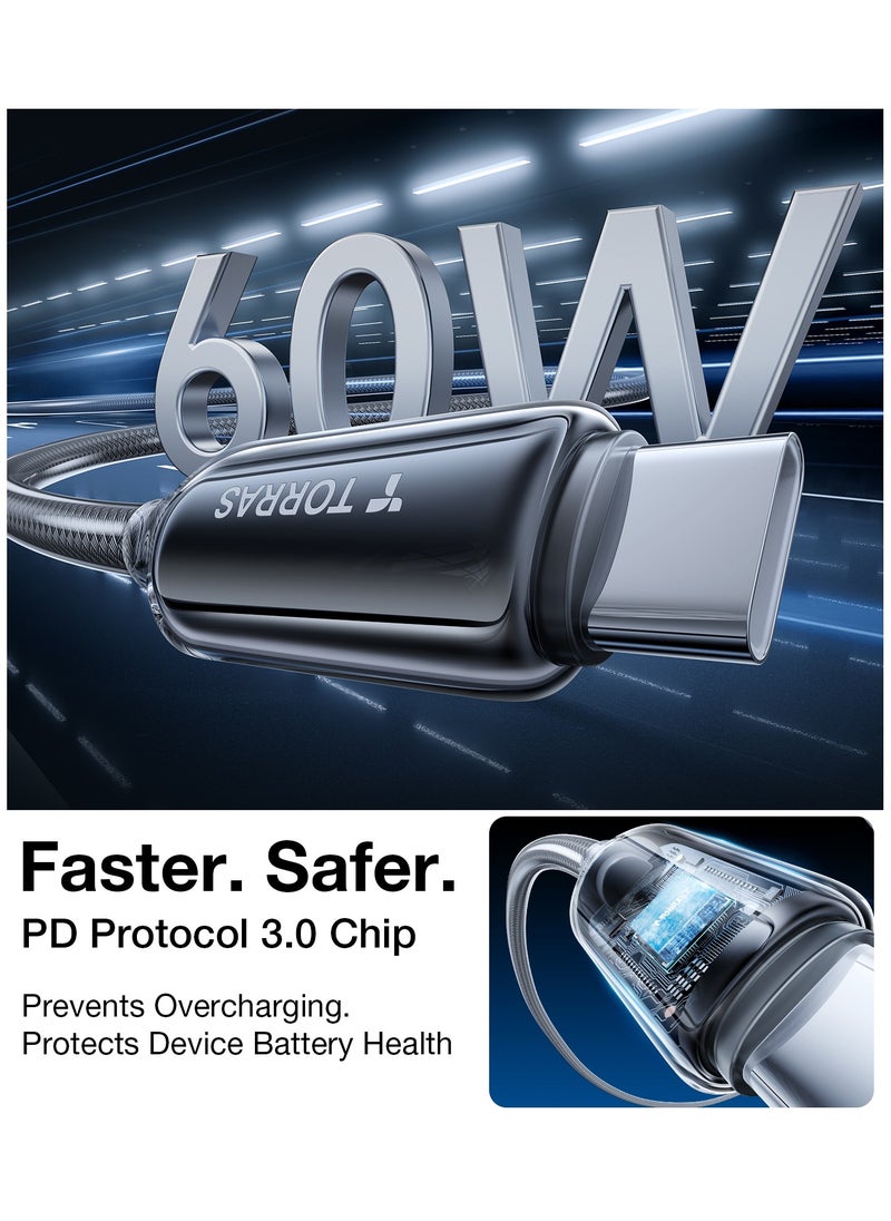 TORRAS USB-C To USB-C Cable 60W (1.2m) Mil-Grade Tested USB-C Charger Cable Fast Charge for iPhone 16/Plus/Pro/Pro Max, iPhone15/Plus/Pro/Pro Max, Samsung S25/Plus/Ultra, S24/Plus/Ultra, S23/Plus/Ultra, MacBook Air, Pro / iPad Pro/Air/Mini (Midnight Black)  - Image 2