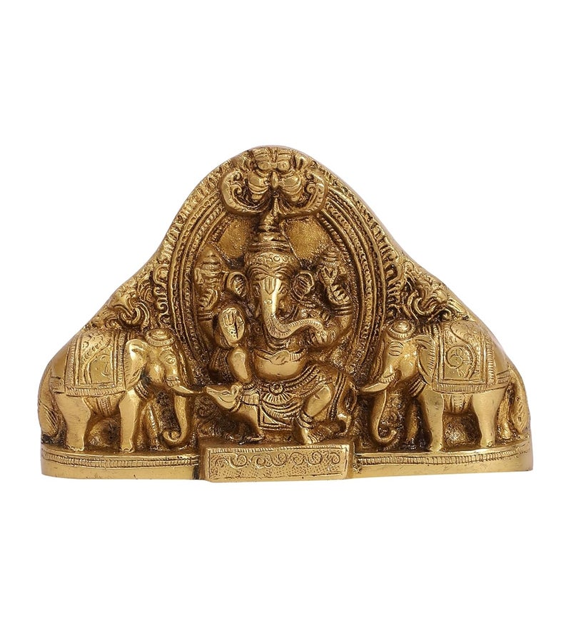 Two Moustaches Brass Gaja Ganesha Idol Lord Ganesha with Elephants Standard Size Beige Brown - Image 1