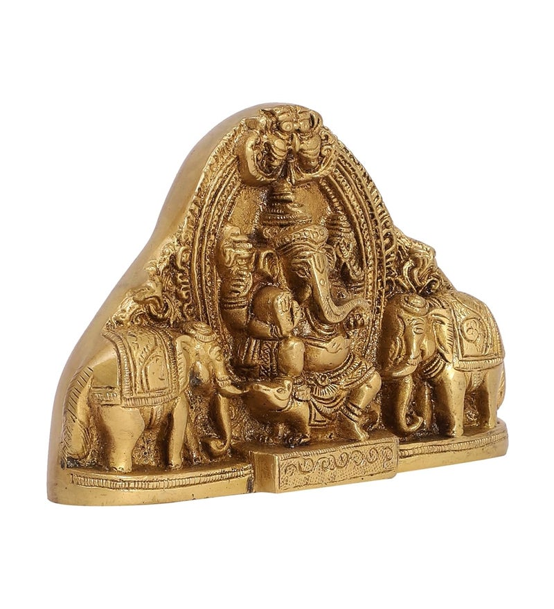 Two Moustaches Brass Gaja Ganesha Idol Lord Ganesha with Elephants Standard Size Beige Brown - Image 3