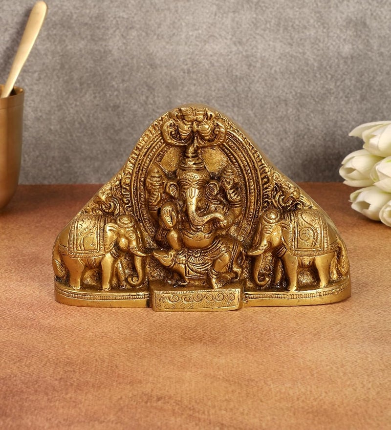 Two Moustaches Brass Gaja Ganesha Idol Lord Ganesha with Elephants Standard Size Beige Brown - Image 2