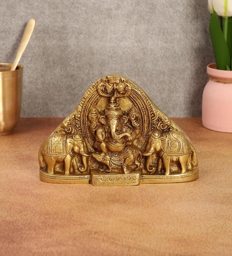 Two Moustaches Brass Gaja Ganesha Idol Lord Ganesha with Elephants Standard Size Beige Brown - Image 4