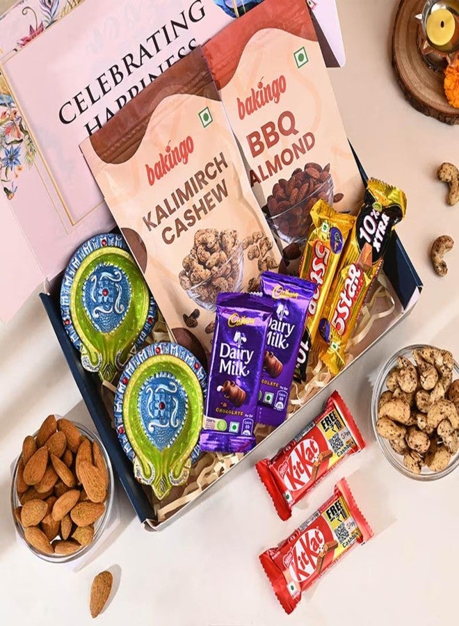 FlowerAura Diwali Gift Hamper of Set of 2 Designer Diya, BBQ Almonds, Kalimirch Cashew & 6 Chocolate In Box For Diwali Corporate Gift & Gift For Employee, Relative & Colleagues (Same Day Delivery) - Image 2
