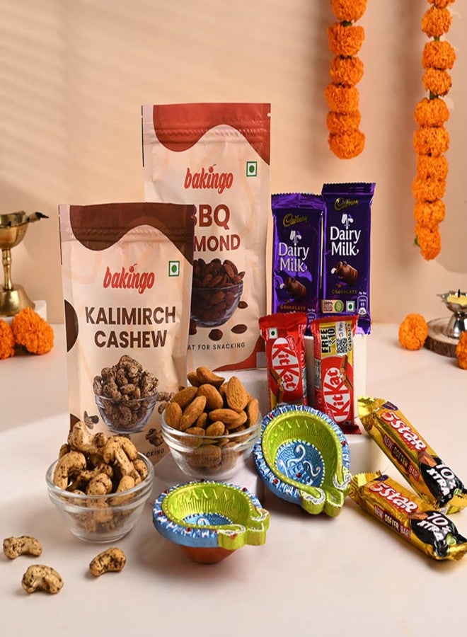 FlowerAura Diwali Gift Hamper of Set of 2 Designer Diya, BBQ Almonds, Kalimirch Cashew & 6 Chocolate In Box For Diwali Corporate Gift & Gift For Employee, Relative & Colleagues (Same Day Delivery) - Image 3