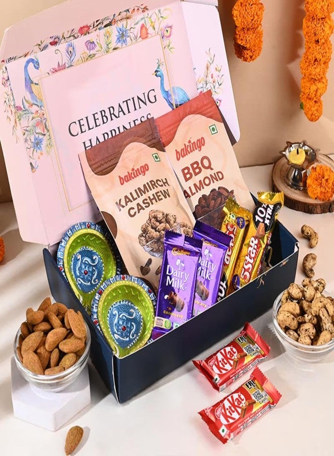 FlowerAura Diwali Gift Hamper of Set of 2 Designer Diya, BBQ Almonds, Kalimirch Cashew & 6 Chocolate In Box For Diwali Corporate Gift & Gift For Employee, Relative & Colleagues (Same Day Delivery) - Image 1