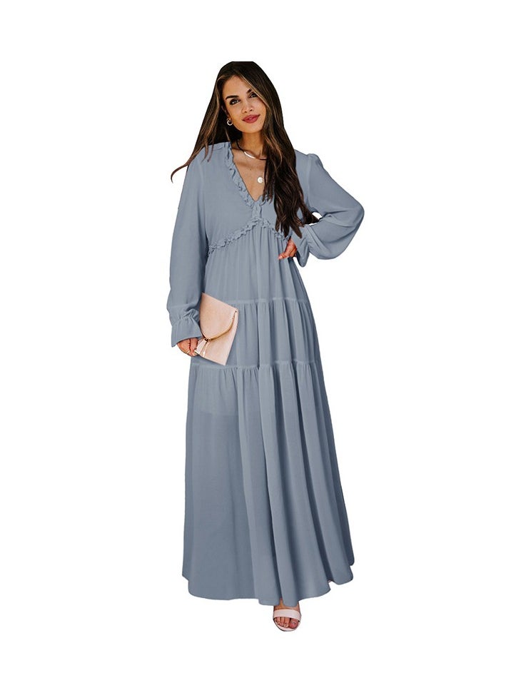 Loquat Solid blue/grey colored maxi dress Long Sleeved Dress 